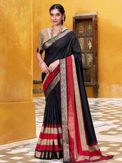 Artistic Black Poly Cotton Printed Casual Wear Saree With Blouse